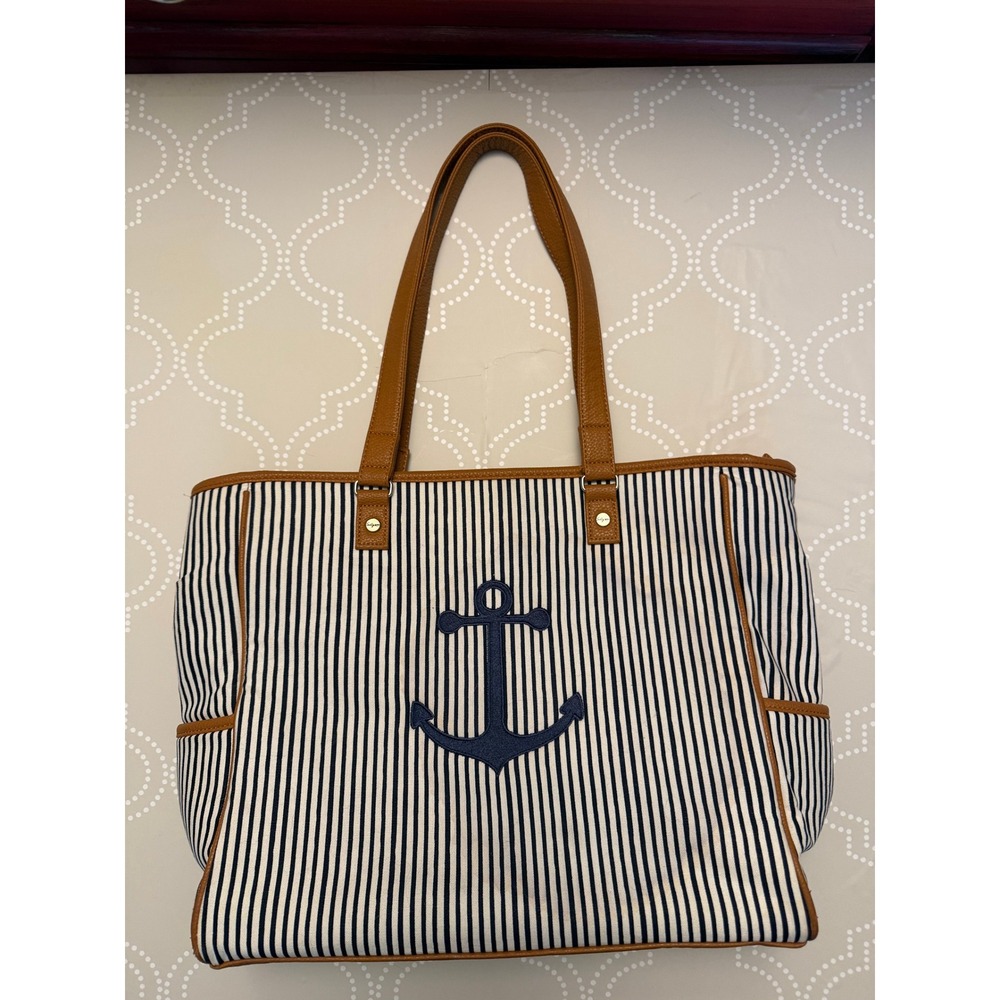 Thirty One Around Town Tote Nautical Anchor Striped Canvas Bag Large - Picture 2 of 15